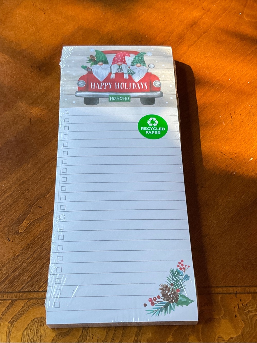 Holiday Gnome Recycled Paper Lined Notepad w check boxes- Clementine White & Red